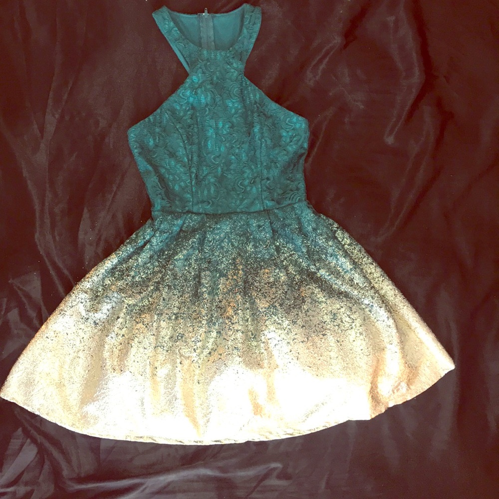 Turquoise and gold dress